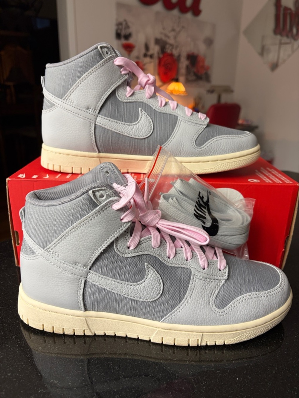 Nike Dunk High-Top Sneakers in Light Gray with Pink Laces